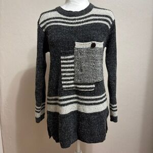 Vtg Tunic Sweater Gray Striped Patchwork Chunky Knit Boho Casual Cozy Pocket M‎